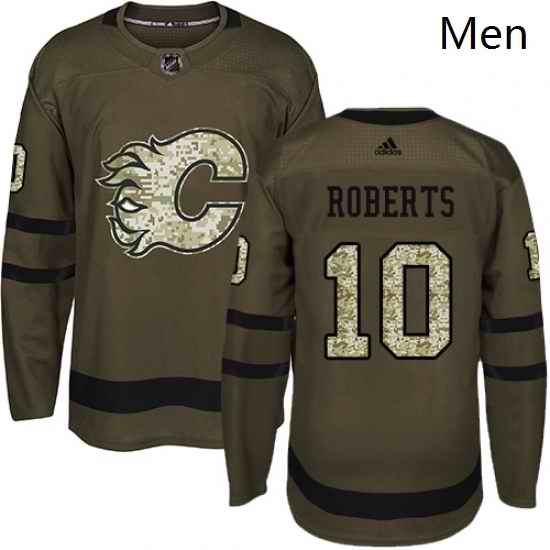 Mens Adidas Calgary Flames 10 Gary Roberts Authentic Green Salute to Service NHL Jersey